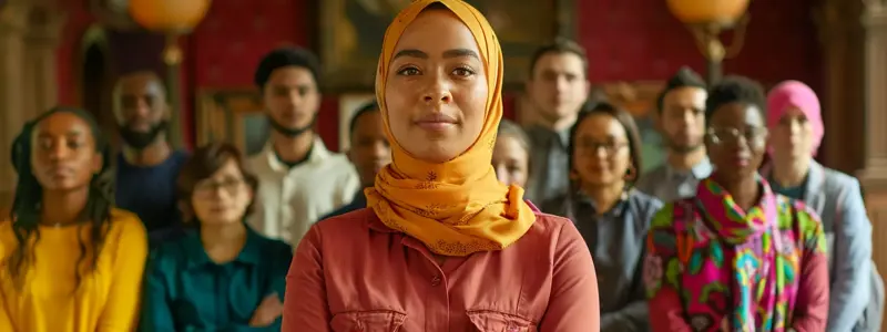 a determined individual stands confidently in front of a diverse group of professionals, surrounded by vibrant cultural symbols, symbolising resilience and the journey of overcoming visa application challenges in a welcoming new environment.