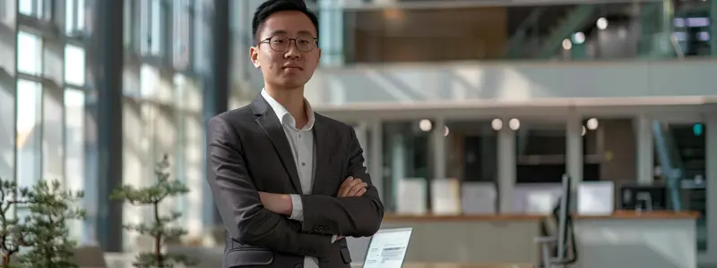 a professional applicant stands confidently in a modern office setting, surrounded by neatly organised visa application documents and a sleek laptop displaying an online application portal, illuminated by soft, natural lighting filtering through large windows.