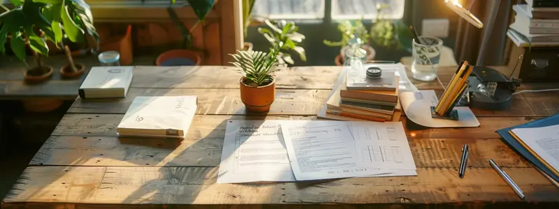 a meticulously arranged workspace featuring a checklist, neatly organised application documents, and a stylish cover letter, bathed in soft, natural light to convey a sense of professionalism and clarity in the visa application process.