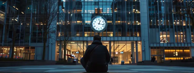 a contemplative individual gazes at a serene clock at the heart of a bustling city, symbolising the intricate journey of navigating skilled worker visa processing times amidst a backdrop of modern architecture and soft twilight hues.